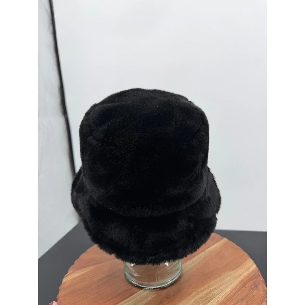 INC International Concepts Faux Fur Bucket Hat Womens OS Black Plush Cozy
